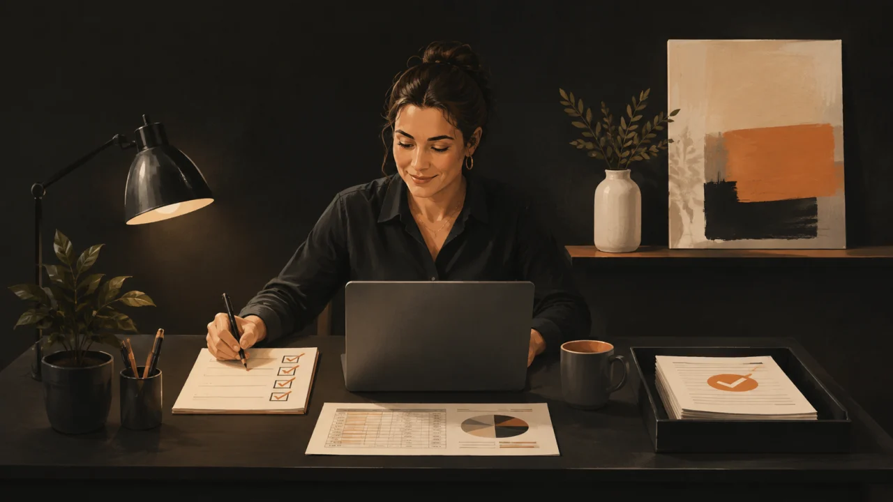 Kontyos nő laptop mellett narancs pipákat rajzol egy listára, mellette diagramos lap és papírokkal teli tálca.