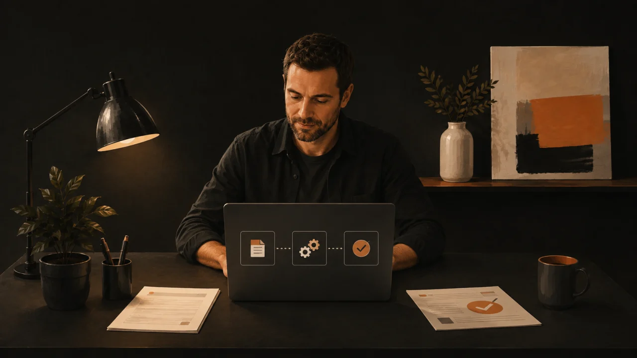 Férfi laptopjának hátán dokumentum, fogaskerék és narancs pipa ikon világít, az asztalon két nyomtatott lap.